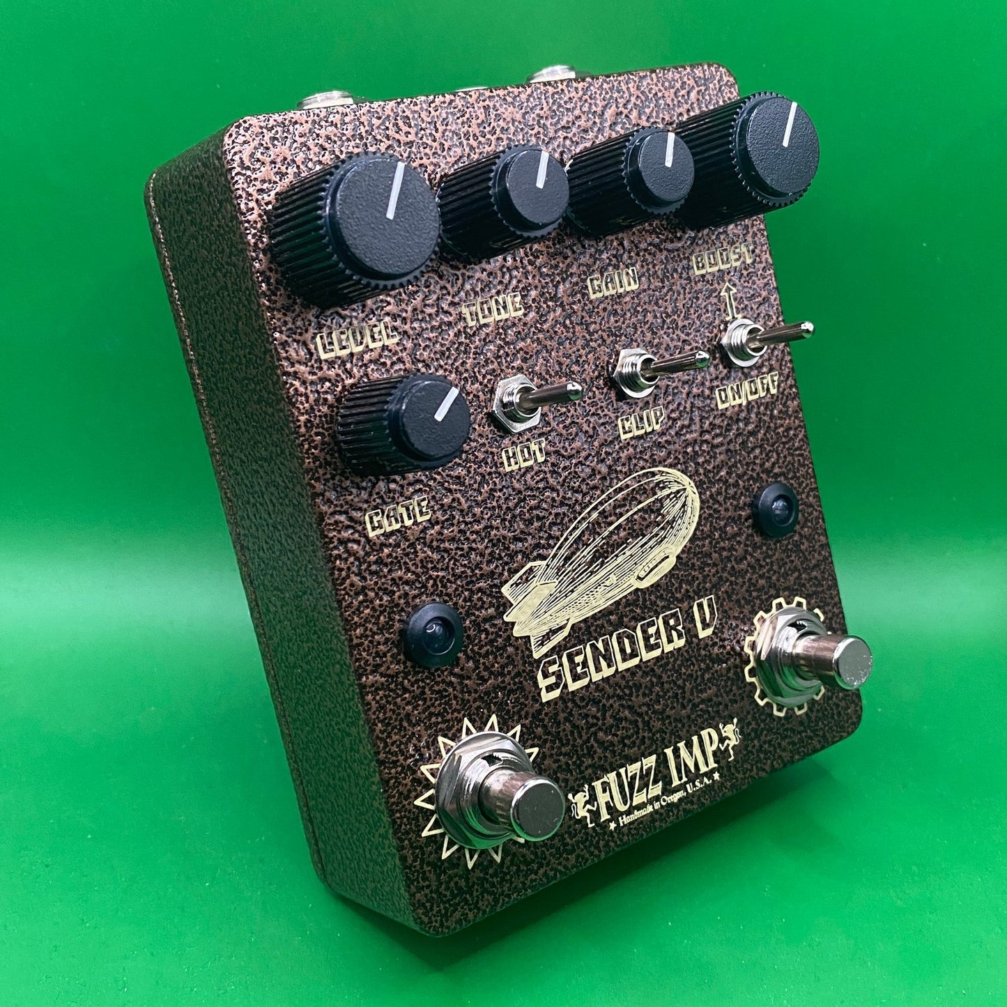 Fuzz Imp Sender V Pi Distortion with Heavy Metal Boost Guitar Pedal Hammered Copper Enclosure