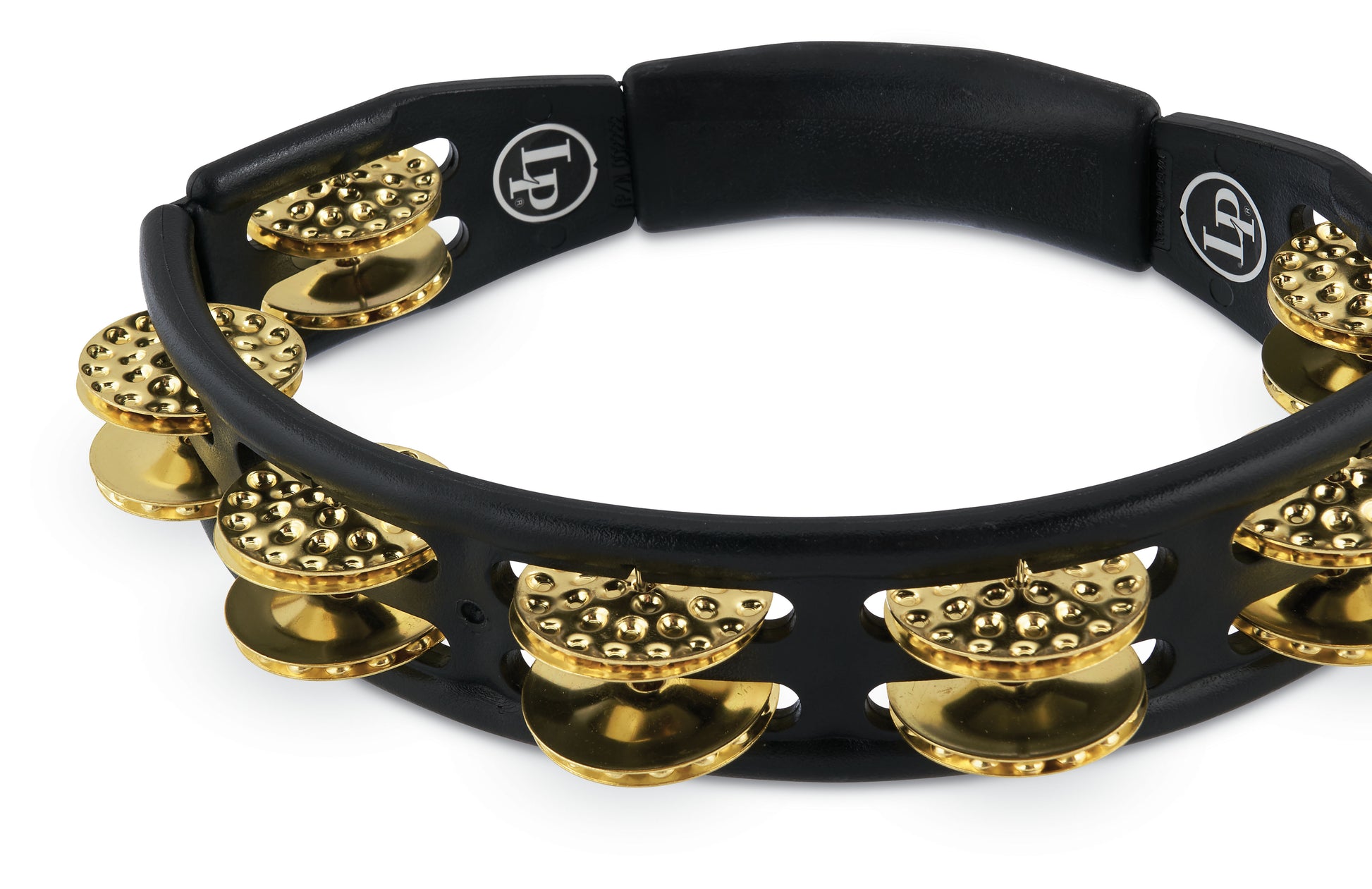 Latin Percussion LP174 Cyclops Handheld Tambourine - Black with Dimpled Brass Jingles - Poppa's Music 