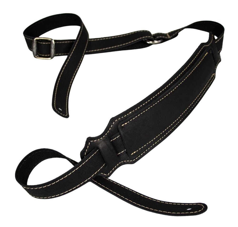 Franklin Black Glove Leather Vintage Guitar Strap w/suede backing, natural stitching and 2.5″ shoulder pad