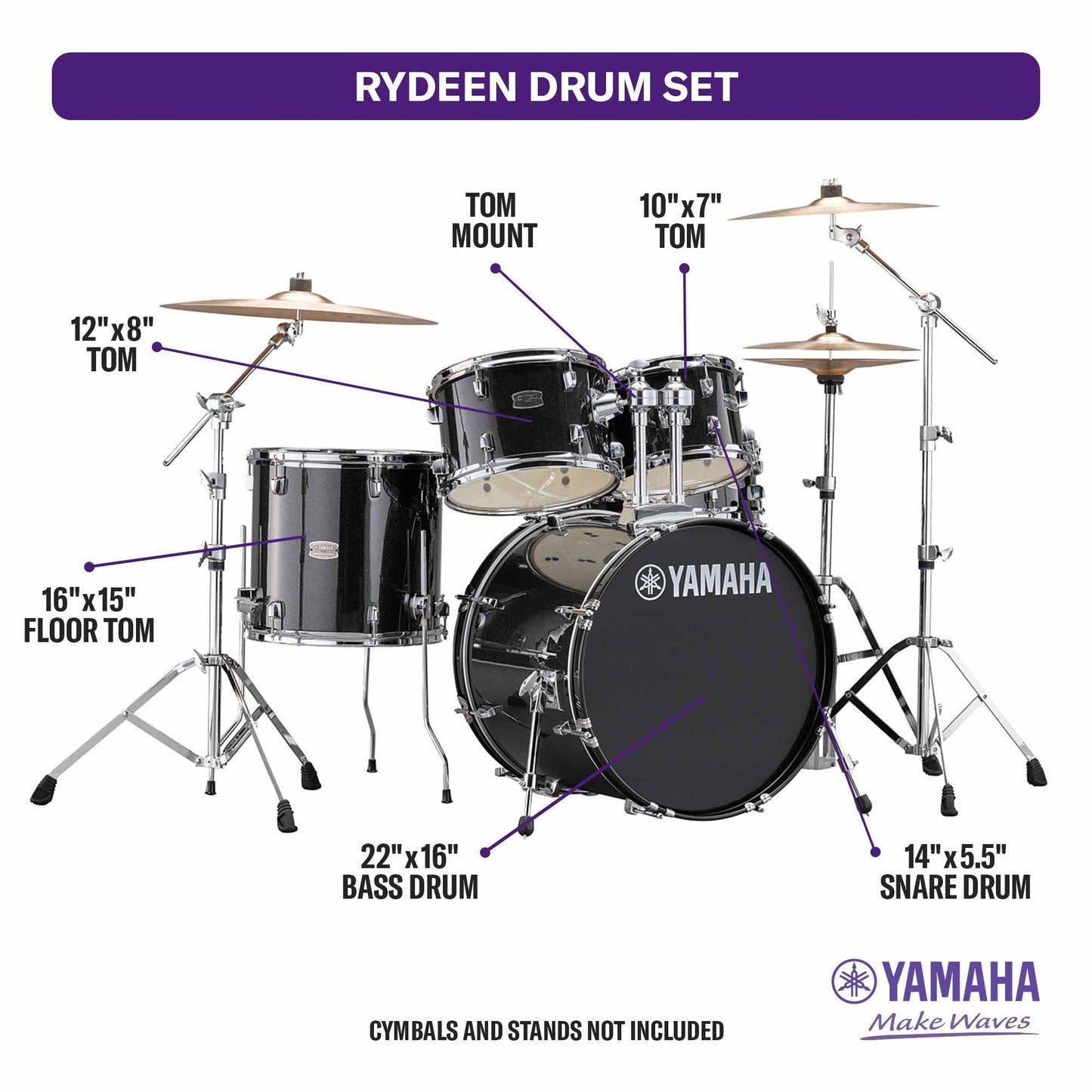Yamaha Rydeen 5 Piece Shell Pack with 22" Bass Drum, Black Glitter
