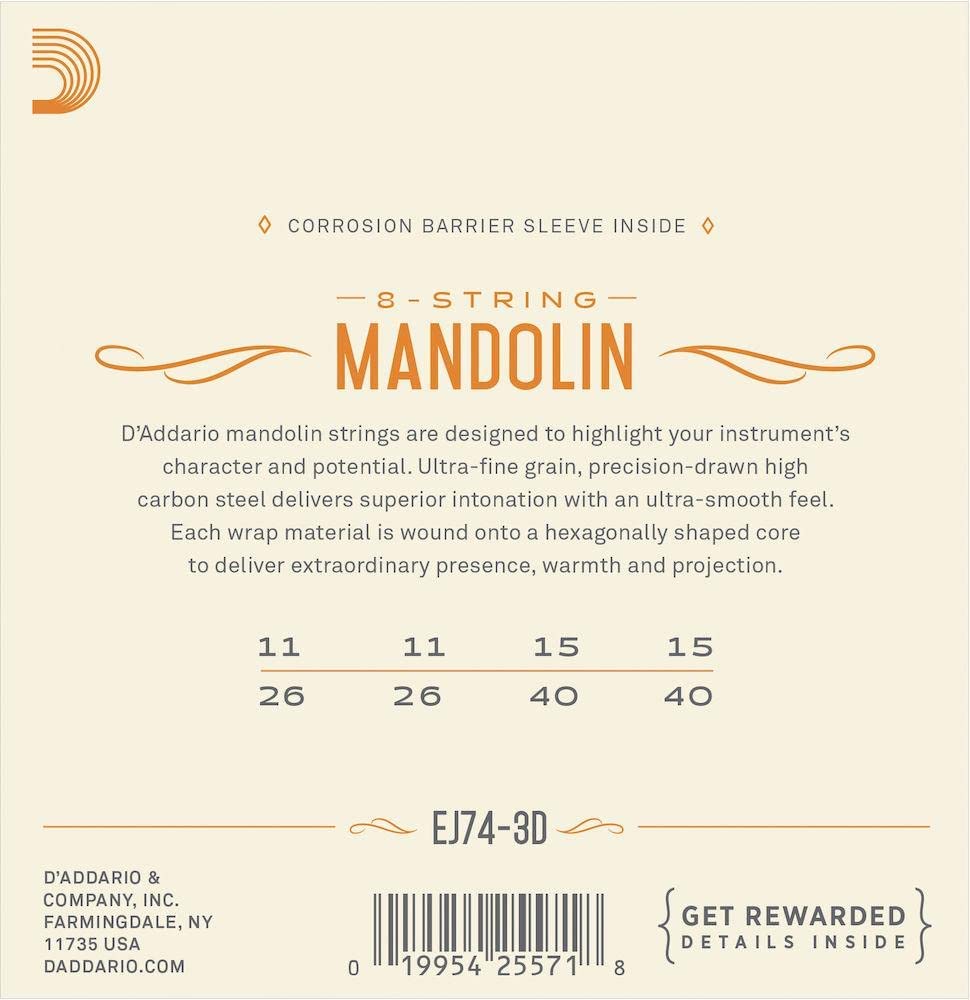 D'Addario EJ74 3 Pack Mandolin Strings, Phosphor Bronze, Medium, 11-40 - Poppa's Music