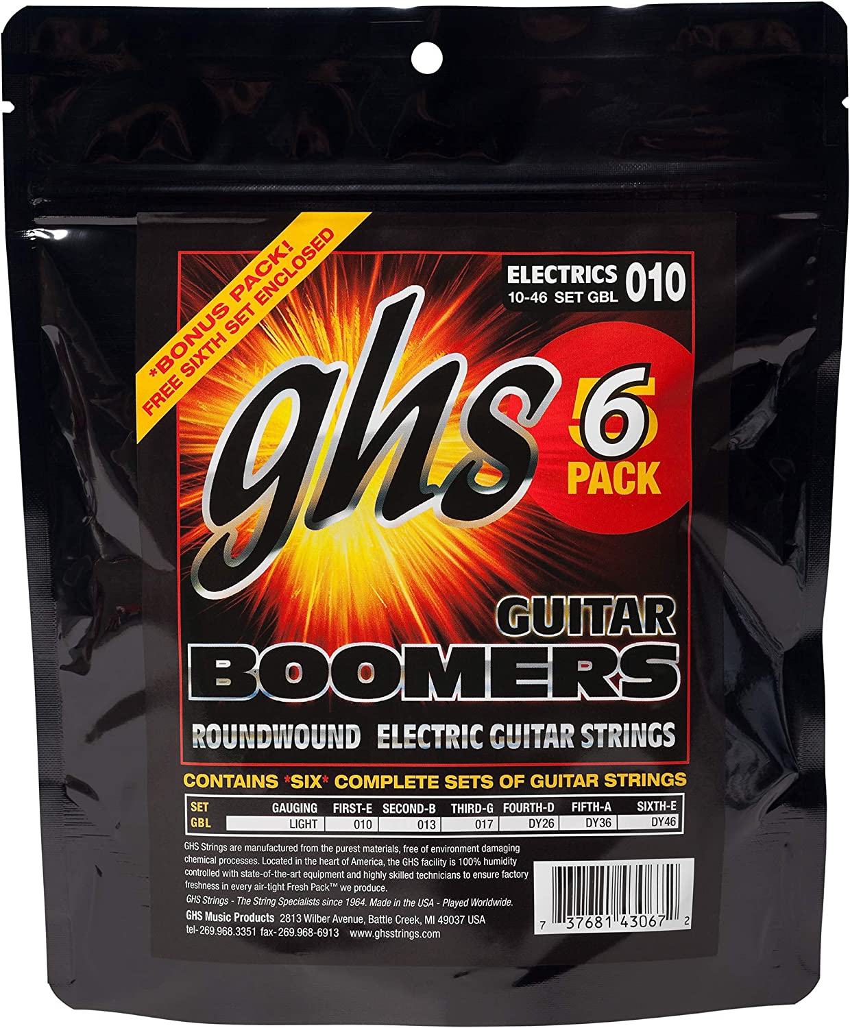 GHS Strings GBXL-5 Guitar Boomers,Nickel Plated Electric Guitar Strings,Extra Light, 6 Pack (.009-.042) - Poppa's Music