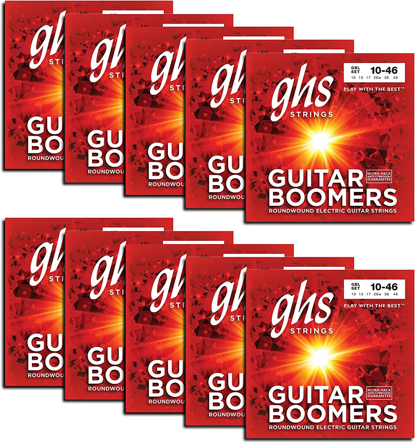 GHS BOOMERS Nickel Plated Electric Guitar String, Light 10-46 - 10 SETS - Poppa's Music