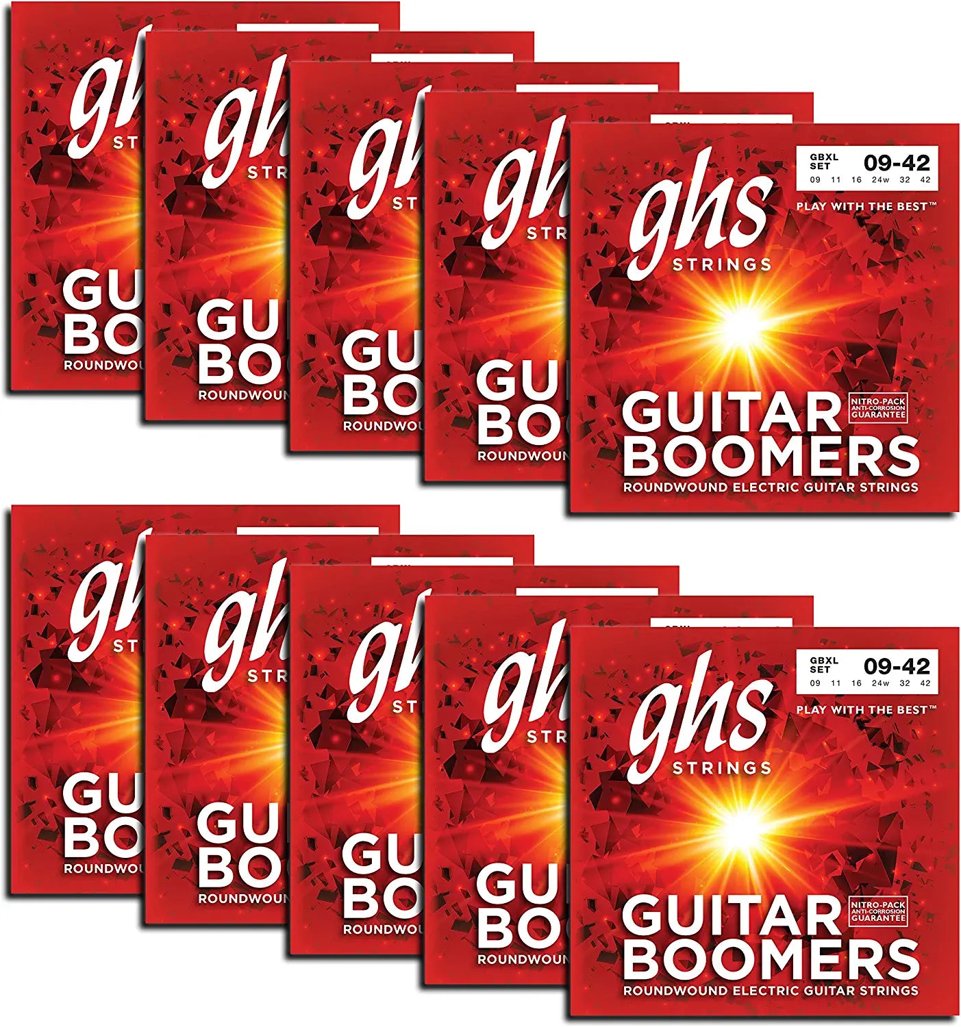 GHS BOOMERS Nickel Plated Electric Guitar Strings - Extra Light (009-042) - 10 SETS - Poppa's Music