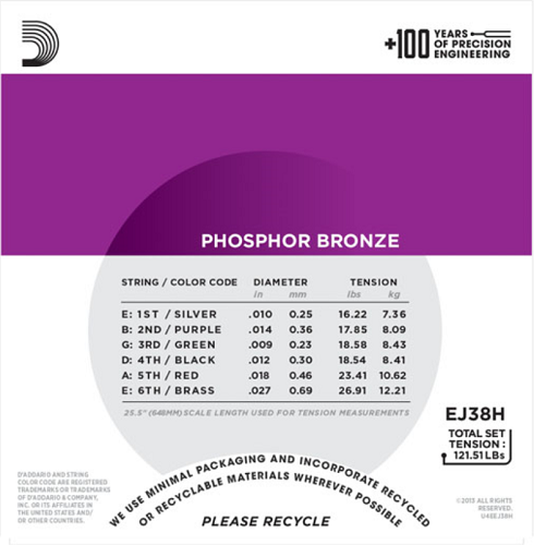 D'Addario Phosphor Bronze, High Strung/Nashville Tuning,10-27 Acoustic Guitar Strings EJ38H - Poppa's Music