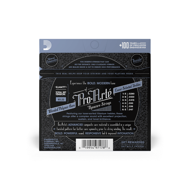 D'addario ProArte Dynacore Classical Guitar Strings, Titanium Trebles, Extra-Hard Tension -EJ44TT - Poppa's Music