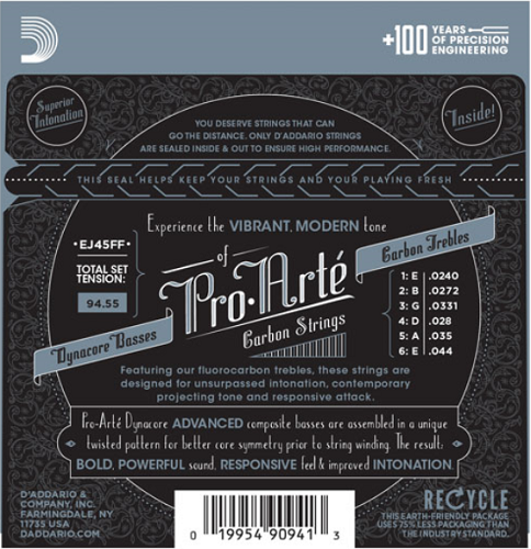 D'Addario Pro-Arte Carbon, Dynacore Basses, Normal Tension Classical Guitar Strings - EJ45FF - Poppa's Music