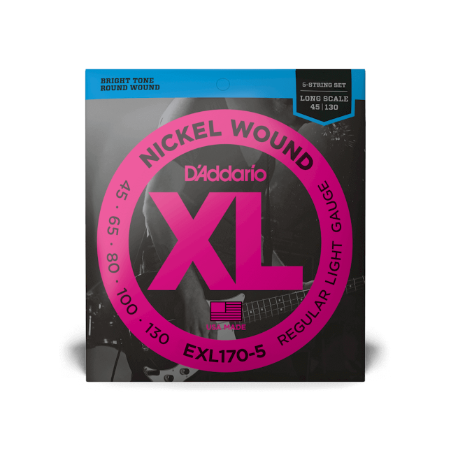 D'Addario XL Nickel 45-130 Regular Light 5-String, Long Scale, Bass Guitar Strings EXL170-5 - Poppa's Music