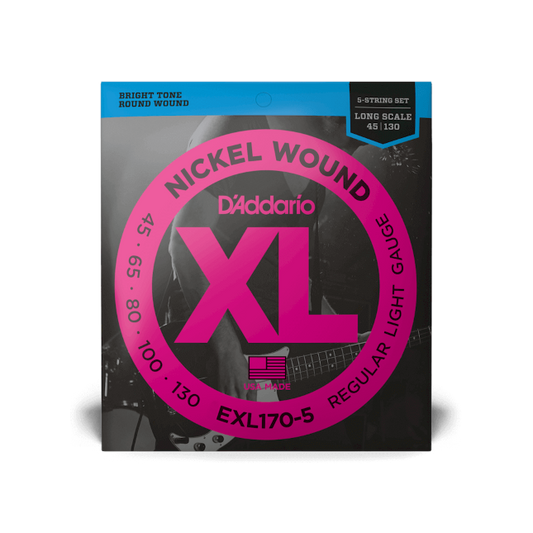 D'Addario XL Nickel 45-130 Regular Light 5-String, Long Scale, Bass Guitar Strings EXL170-5 - Poppa's Music