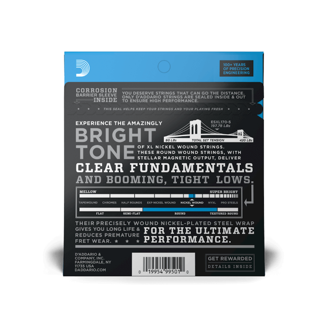D'Addario XL Nickel 45-130 Regular Light 5-String, Long Scale, Bass Guitar Strings EXL170-5 - Poppa's Music