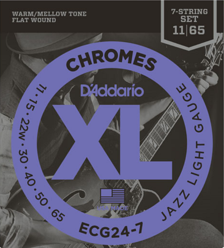 D'addario Chromes Flat Wound, 7-String, Jazz Light, 11-65 Electric Guitar Strings - ECG24-7 - Poppa's Music