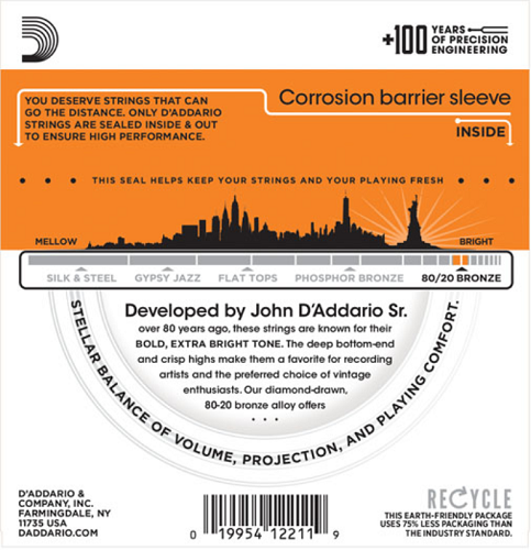 D'Addario 80/20 Bronze, Extra Light, 10-47 Acoustic Guitar Strings - EJ10 - Poppa's Music