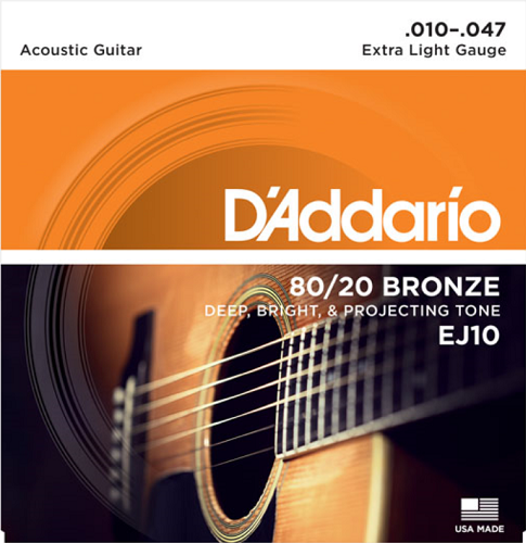 D'Addario 80/20 Bronze, Extra Light, 10-47 Acoustic Guitar Strings - EJ10 - Poppa's Music 