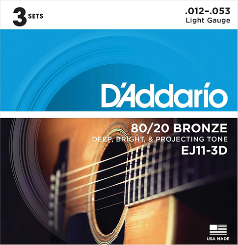 D'addario 80/20 Bronze, Light, 12-53 Acoustic Guitar Strings - EJ11 3-PACK - Poppa's Music 