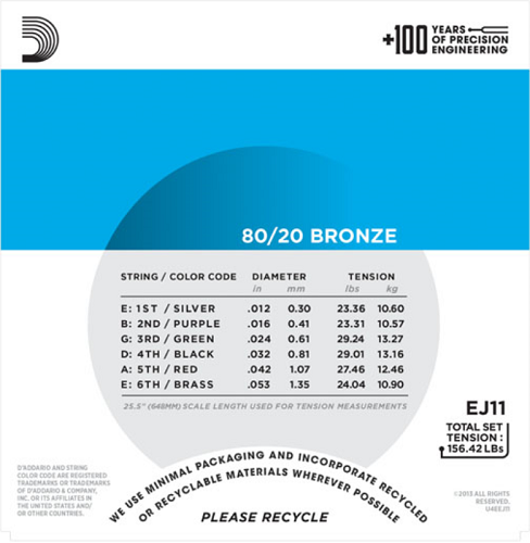 D'addario 80/20 Bronze, Light, 12-53 Acoustic Guitar Strings - EJ11 3-PACK - Poppa's Music
