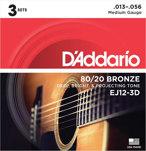 D'Addario 80/20 Bronze, Medium, 13-56 Acoustic Guitar Strings - EJ12 3-PACK - Poppa's Music