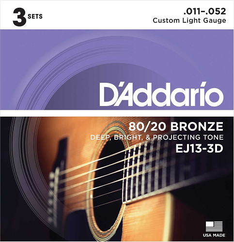 D'Addario 80/20 Bronze, Custom Light, 11-52 Acoustic Guitar Strings - EJ13 3-PACK - Poppa's Music 