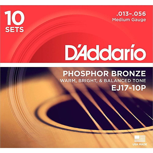 D'addario Phosphor Bronze, Medium, 13-56 Acoustic Guitar Strings (10-Sets) EJ17-10P - Poppa's Music