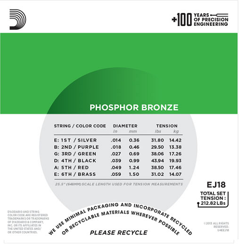 D'addario Phosphor Bronze, Heavy, 14-59 Acoustic Guitar Strings - EJ18 - Poppa's Music
