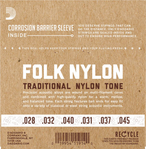 D'addario Folk Nylon, Ball END, Silver Wound/CLEAR Nylon Trebles Classical Guitar Strings - Poppa's Music