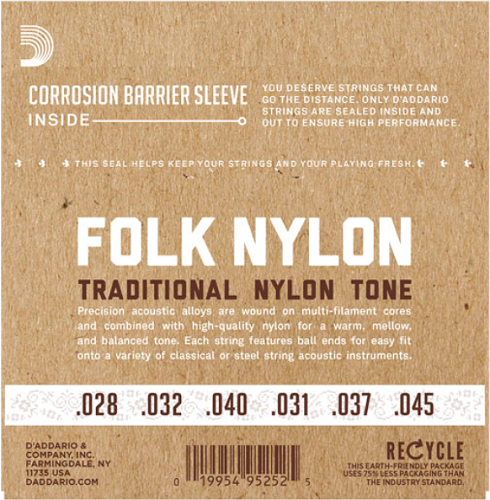 D'addario Folk Nylon, Ball END, 80/20 Bronze / Black Nylon Trebles Classical Guitar Strings - Poppa's Music