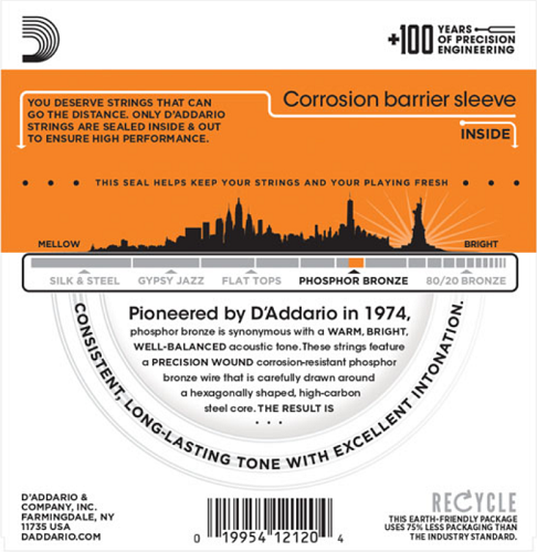 D'addario Phosphor Bronze, 12-String, Extra Light, 9-45 Acoustic Guitar Strings - Poppa's Music