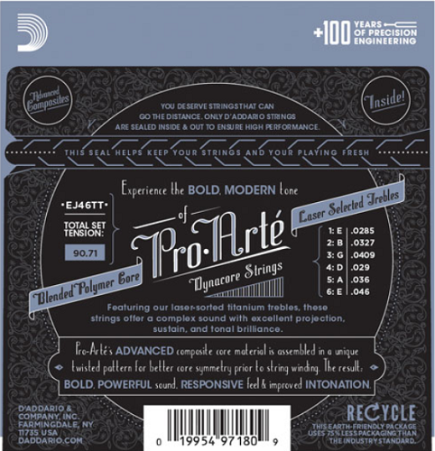 D'Addario ProArte Dynacore Classical Guitar Strings, Titanium Trebles, Hard Tension - EJ46TT - Poppa's Music