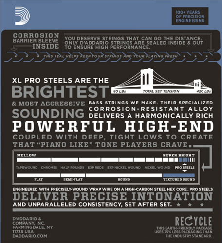 D'addario PROSTEELS, Custom Light, Long Scale, 45-105 Bass Guitar Strings - Poppa's Music