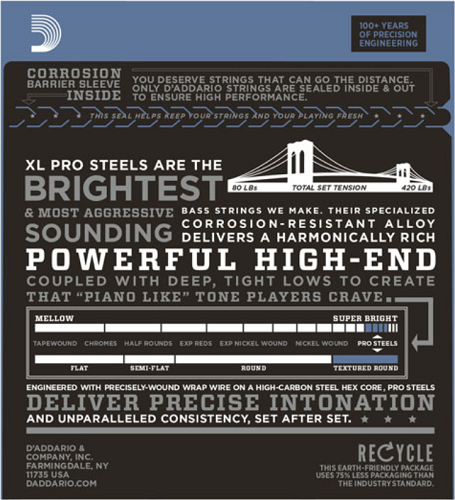 D'addario PROSTEELS, Custom Light, Long Scale, 40-100 Bass Guitar Strings - Poppa's Music