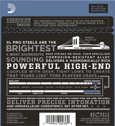 D'addario PROSTEELS, Custom Light Top/Medium Bottom, Tapered Long Scale, 43-107 Bass Guitar Strings - Poppa's Music