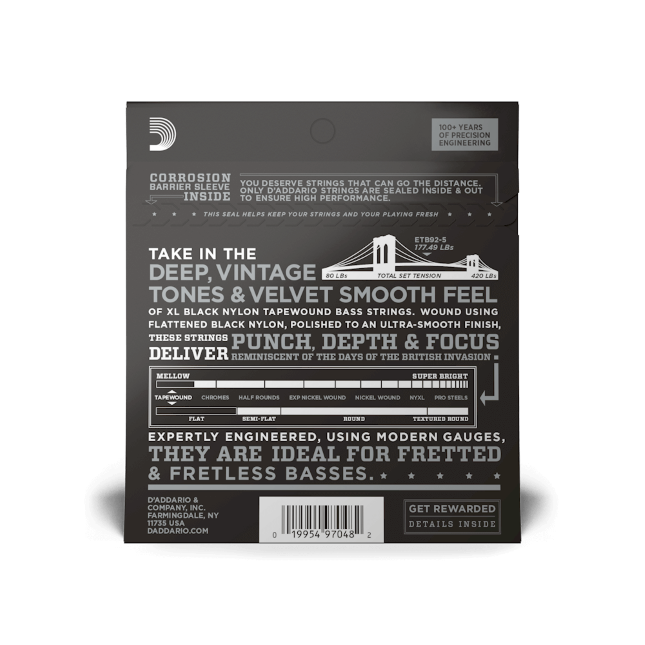 D'Addario Tapewound 5-String, Medium, Long Scale, 50-135 Bass Guitar Strings ETB92-5 - Poppa's Music