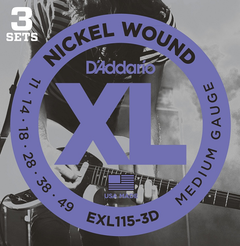 D'Addario Nickel Wound, Medium/Blues-Jazz Rock, 11-49 Electric Guitar Strings (3 Sets) - EXL115-3D - Poppa's Music