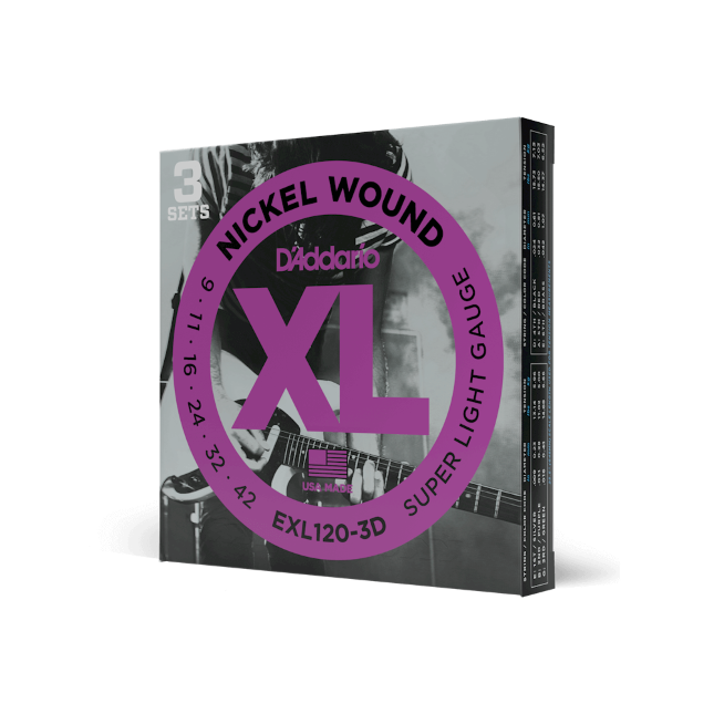 D'Addario Nickel Wound, Super Light, 9-42 Electric Guitar Strings (3 Sets) EXL120-3D - Poppa's Music