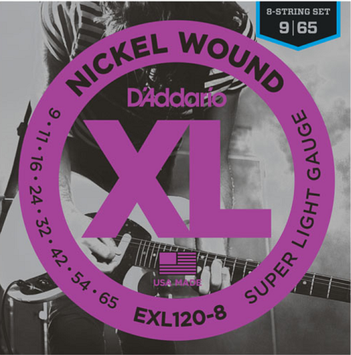 D'Addario Nickel Wound, 8-String, Super Light, 9-65 Electric Guitar Strings - EXL120-8 - Poppa's Music