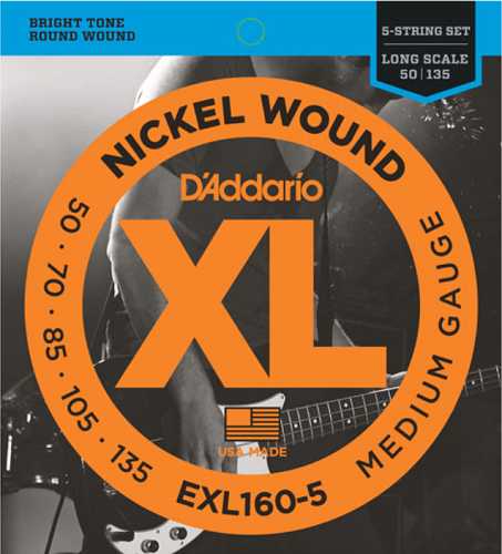 D'addario Nickel Wound 5-String, Medium, Long Scale, 50-135 Bass Guitar Strings - Poppa's Music