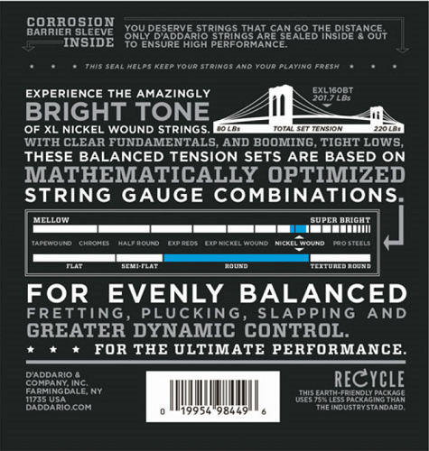D'addario Nickel Wound, Balanced Tension Medium, 50-120 Bass Guitar Strings EXL160BT - Poppa's Music