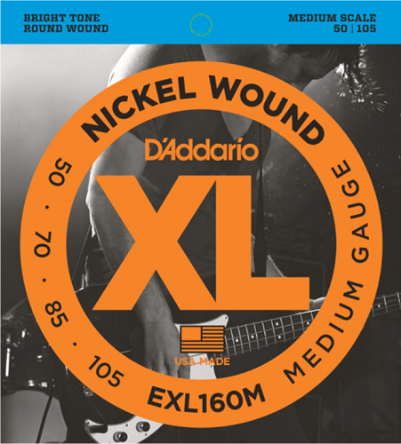 D'addario Nickel Wound, Medium, Medium Scale, 50-105 Bass Guitar Strings EXL160M - Poppa's Music