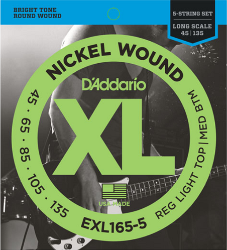 D'addario Nickel Wound 5-String, Custom Light, Long Scale, 45-135 Bass Guitar Strings EXL165-5 - Poppa's Music