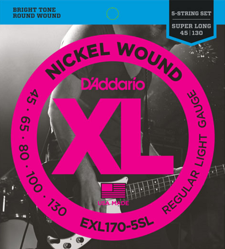 D'Addario Nickel Wound 5-String, Light, Super Long Scale, 45-130 Bass Guitar Strings EXL170-5SL - Poppa's Music