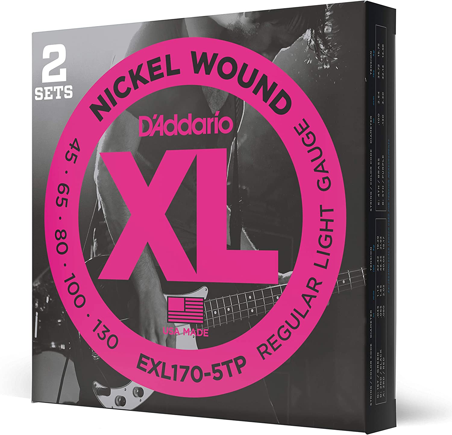 D'addario Nickel Wound 5-String, Light, Long Scale 45-130 Bass Guitar Strings - EXL170-5TP 2-PACK - Poppa's Music