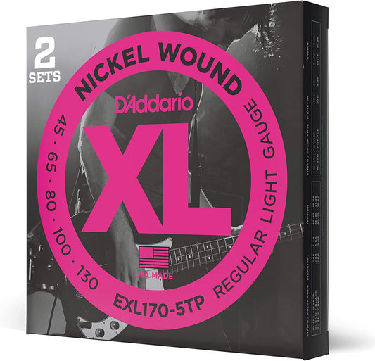 D'addario Nickel Wound 5-String, Light, Long Scale 45-130 Bass Guitar Strings - EXL170-5TP 2-PACK - Poppa's Music