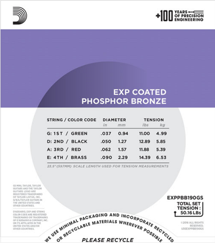 D'addario Coated Phosphor Bronze, Taylor GS Mini Scale, 37-90 Acoustic Bass Guitar Strings - Poppa's Music