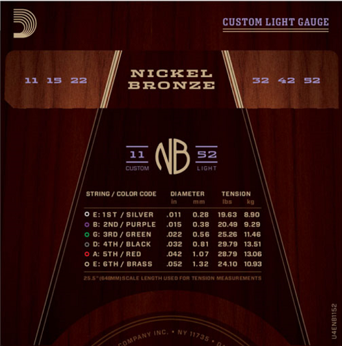 D'addario Nickel Bronze, Custom Light, 11-52 Acoustic Guitar Strings - Poppa's Music