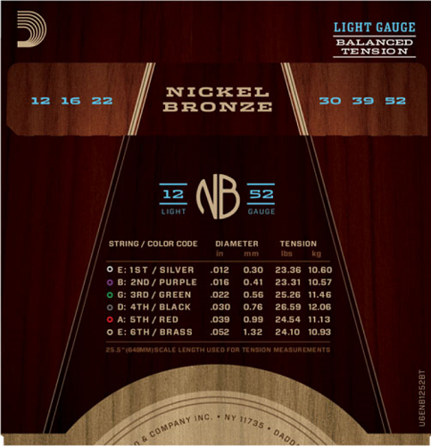 D'addario Nickel Bronze, Balanced Tension Light, 12-52 Acoutic Guitar Strings - Poppa's Music
