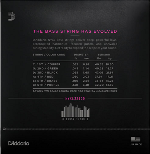 D'addario Long Scale, Regular Light 6-String, 32-130 Bass Guitar Strings - Poppa's Music