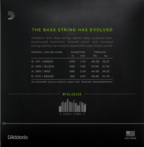 D'addario Long Scale, Light Top/Medium Bottom, 45-105 Bass Guitar Strings - Poppa's Music