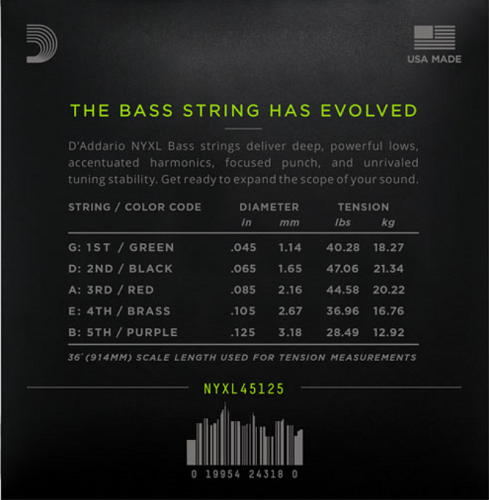 D'addario Long Scale, Light Top/Medium Bottom, 5-String, 45-125 Bass Guitar Strings - Poppa's Music