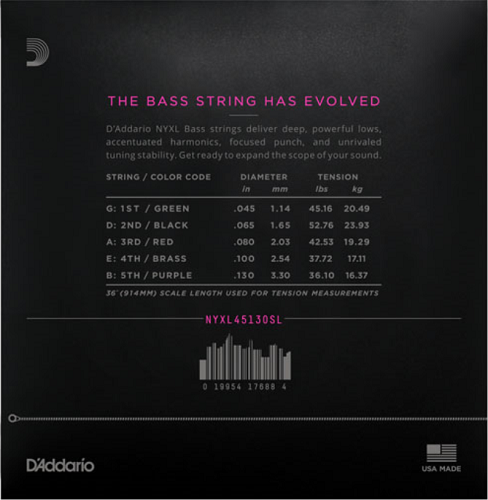 D'addario Super Long Scale, Regular Light 5-String, 45-130 Bass Guitar Strings - Poppa's Music