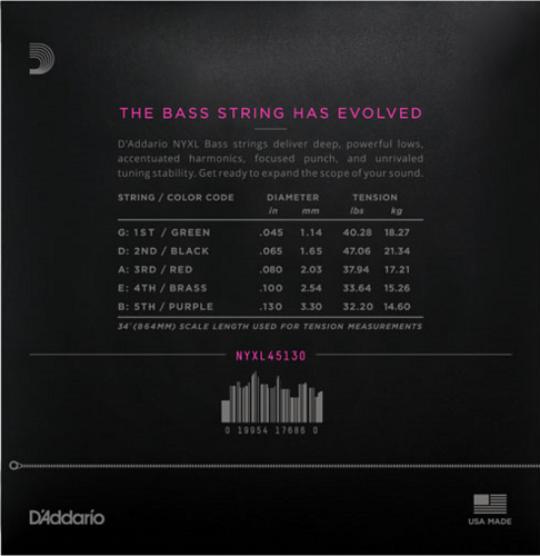 D'addario Long Scale, Regular Light 5-String, 45-130 Bass Guitar Strings - Poppa's Music