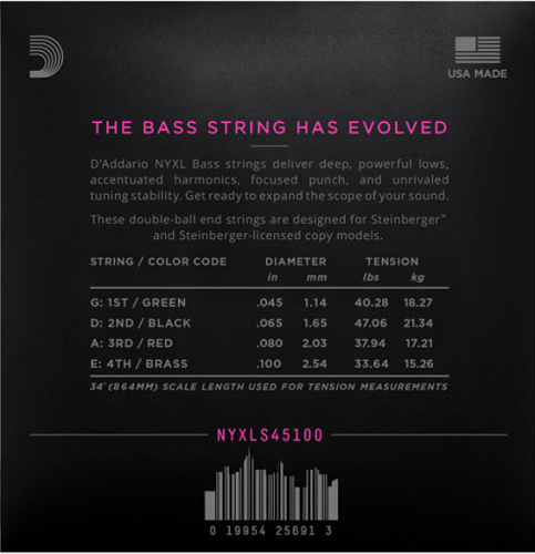 D'addario NYXL Long Scale, Regular Light, Double Ball END, 45-100 Bass Guitar Strings - Poppa's Music